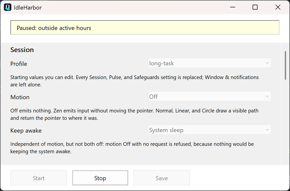 IdleHarbor paused because the current time falls outside the configured active hours