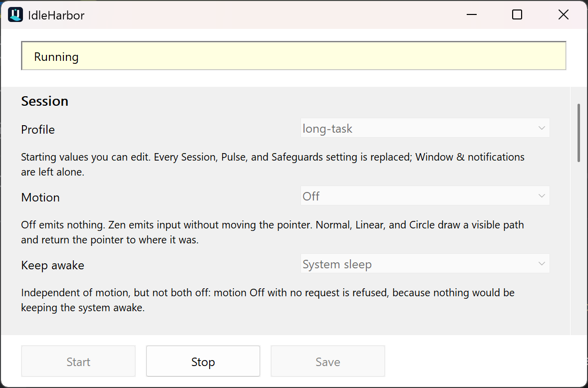 IdleHarbor running a motion-free keep-awake session, with the status card reading Running
