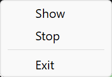 The IdleHarbor notification-area menu listing Show, Stop, and Exit