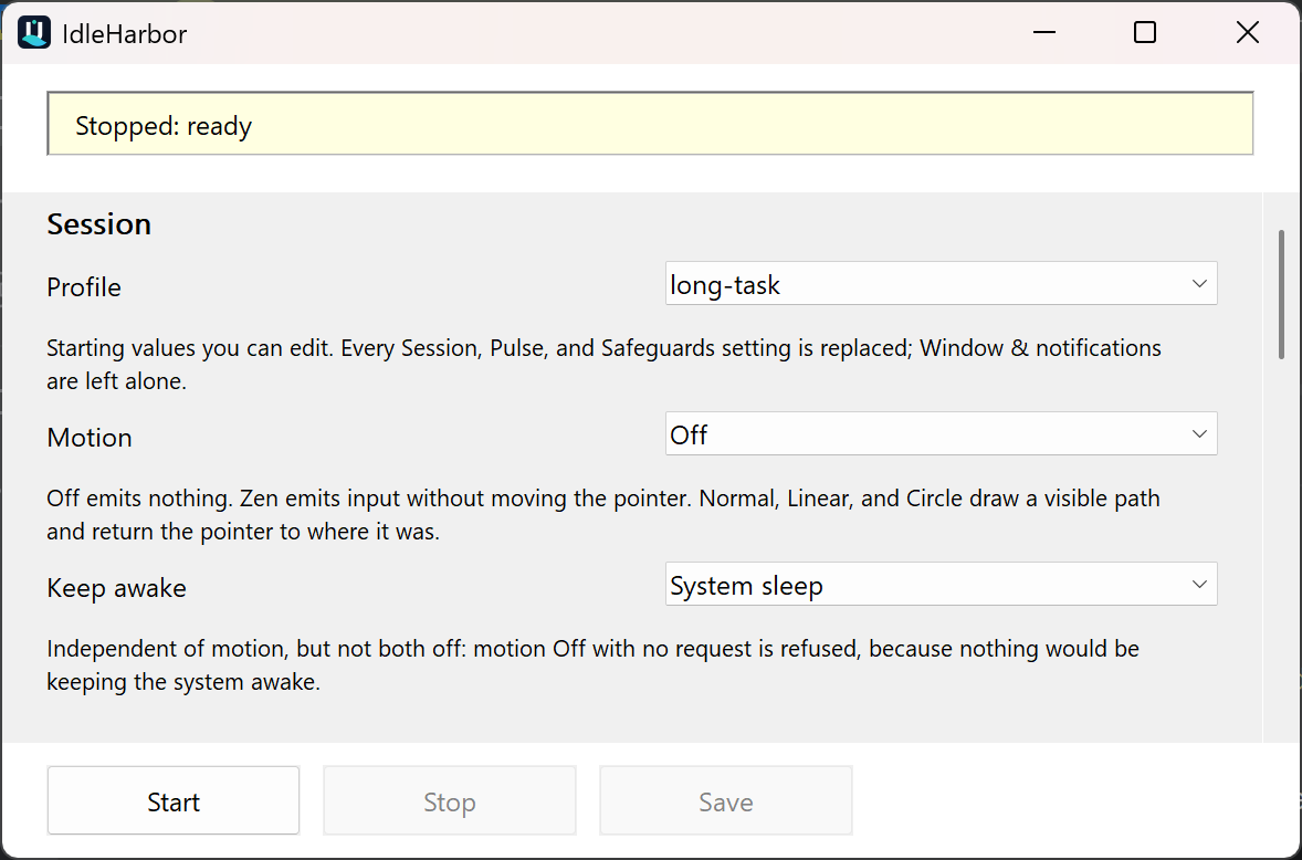 The IdleHarbor settings window, stopped, showing the profile, motion, and keep-awake fields with a printed explanation under each, a status card, and fixed Start, Stop, and Save buttons